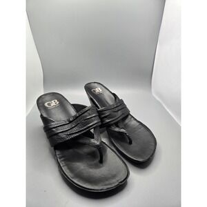 Gianni Bini GB Women's Black Leather Wedge Thong Sandals Size 8.5M Cork Heel